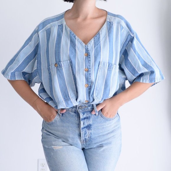 Tops - Alyssa Brooke V-Neck Stripe Chambray Button-Down Shirt